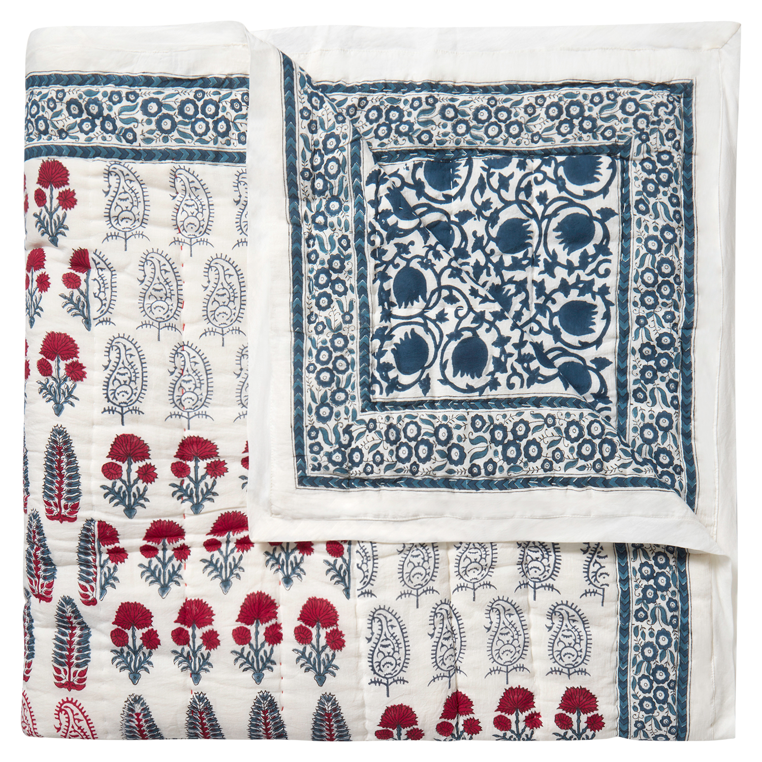 Checkerboard-Lotus Reversible Quilt - Blue/Red